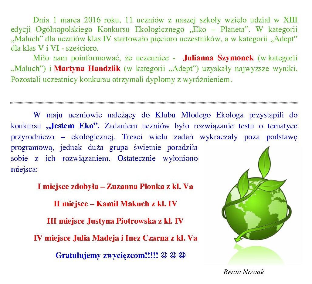 XIII edycji Ogólnopolskiego Konkursu Ekologicznego „Eko – Planeta”